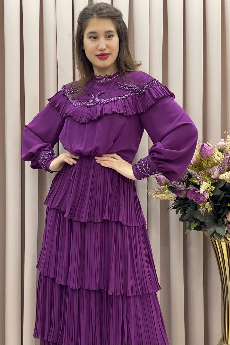 mor, tesettür dantelli taslı elbise abiye uzun midi