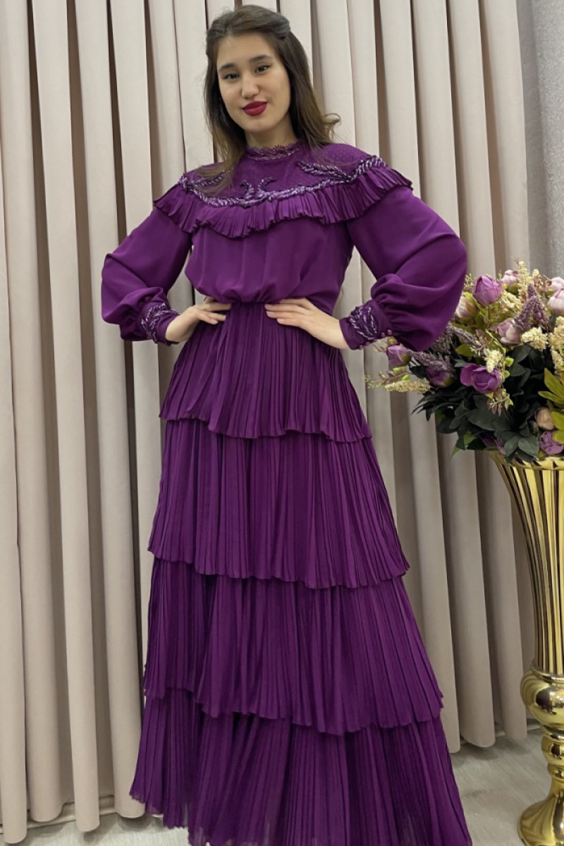 mor, tesettür dantelli taslı elbise abiye uzun midi