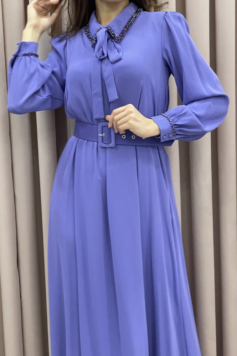 mor tesettür dantelli taslı elbise abiye uzun midi